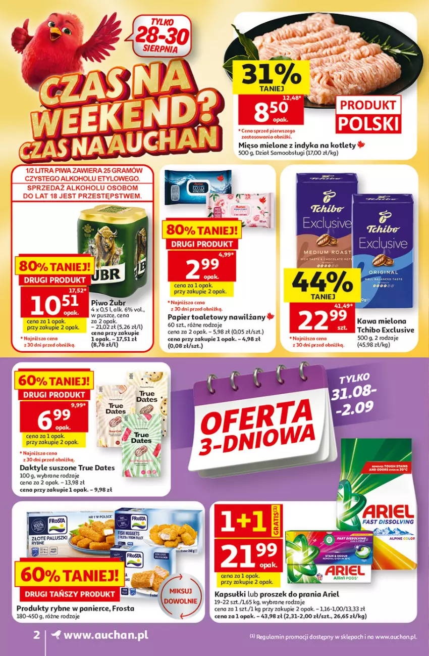 Gazetka promocyjna Auchan - Gazetka 30 Lat Supermarket Auchan - ważna 27.08 do 02.09.2026 - strona 2 - produkty: Ariel, Daktyle, Fa, Frosta, Gin, Kawa, Kawa mielona, Kotlet, Mięso, Mięso mielone, Proszek do prania, Tchibo