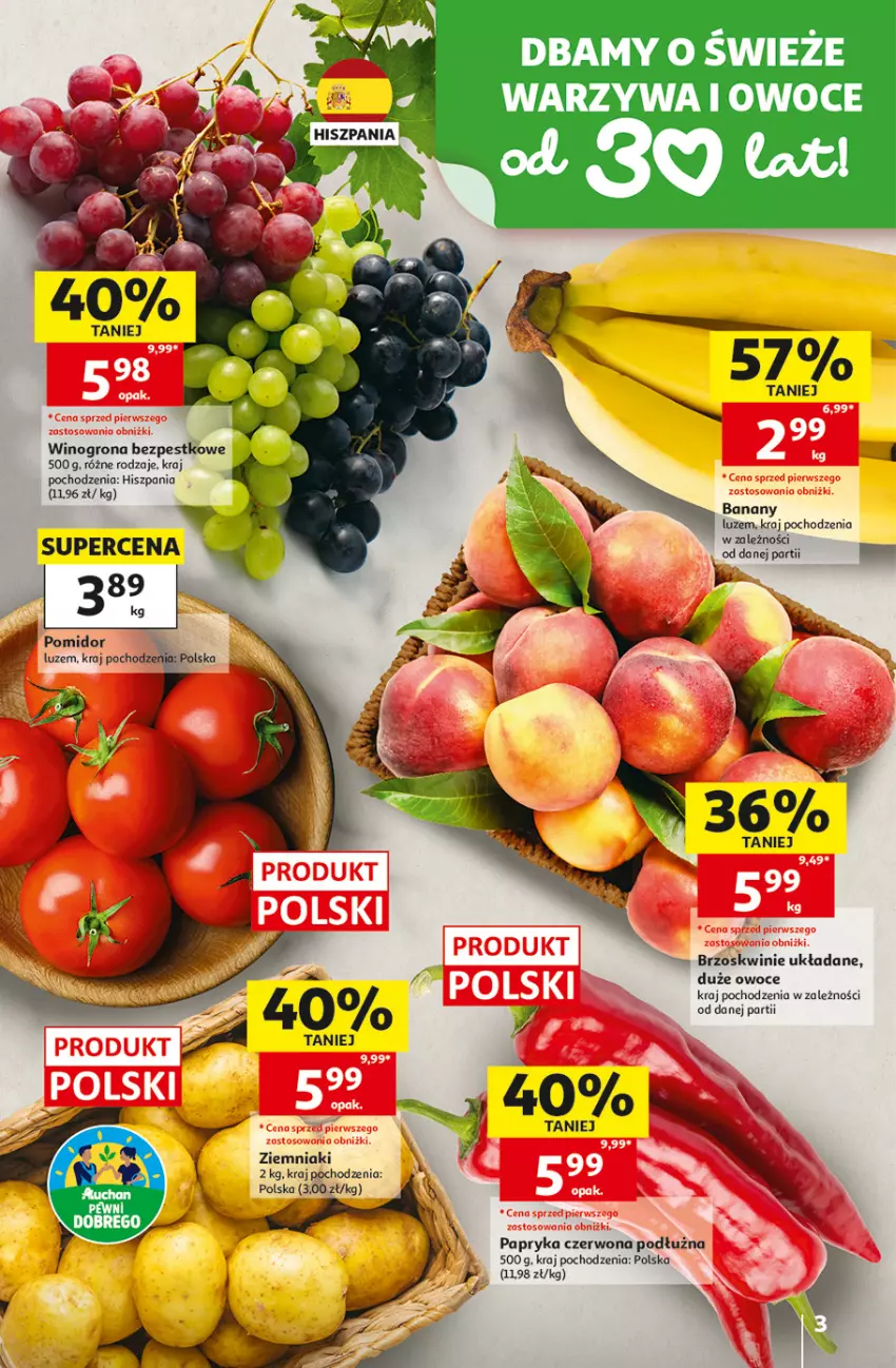 Gazetka promocyjna Auchan - Gazetka 30 Lat Supermarket Auchan - ważna 27.08 do 02.09.2026 - strona 3 - produkty: Banany, Owoce, Papryka, Papryka czerwona, Warzywa, Warzywa i owoce, Wino, Winogrona, Winogrona bezpestkowe, Ziemniaki