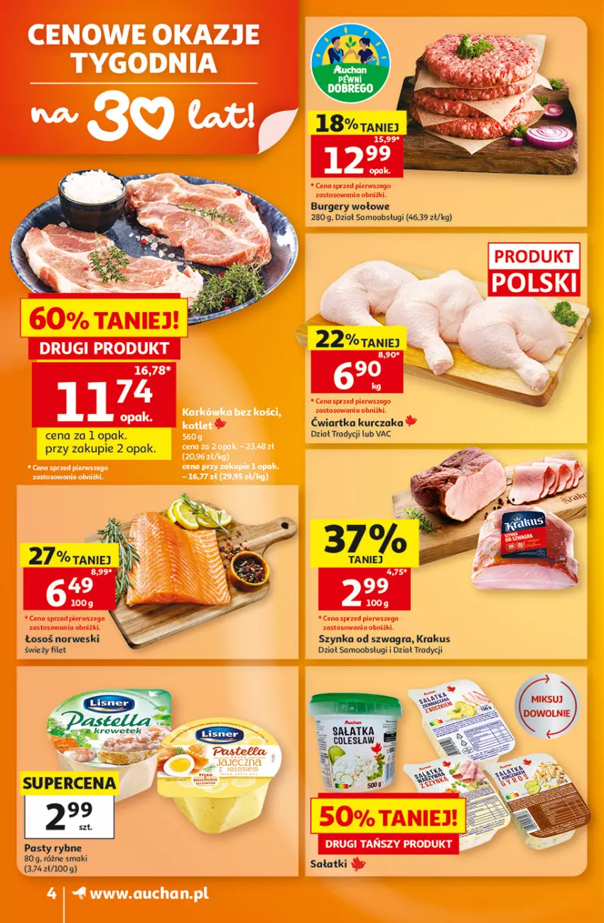 Gazetka promocyjna Auchan - Gazetka 30 Lat Supermarket Auchan - ważna 27.08 do 02.09.2026 - strona 4 - produkty: Burger, Gra, Krakus, Kurczak, Sałat, Szynka