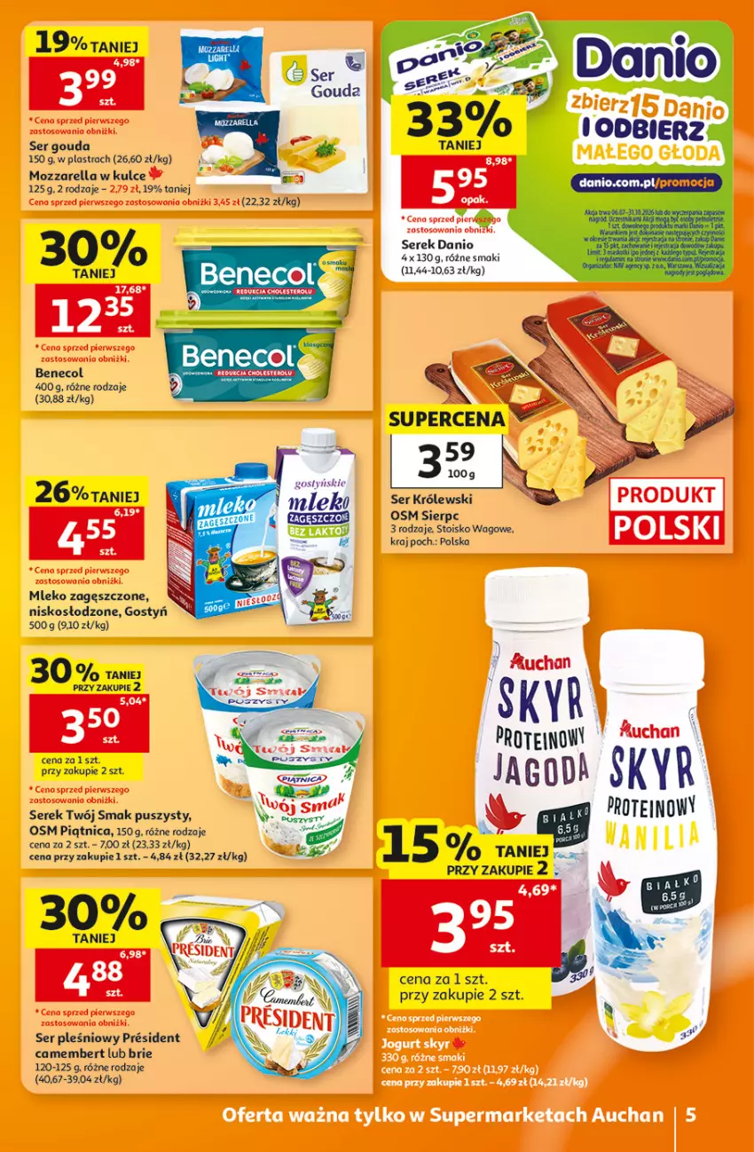 Gazetka promocyjna Auchan - Gazetka 30 Lat Supermarket Auchan - ważna 27.08 do 02.09.2026 - strona 5 - produkty: Benecol, Brie, Camembert, Danio, Gouda, Królewski, Mleko, Mleko zagęszczone, Mozzarella, Piątnica, Ser, Ser pleśniowy, Serek, Twój Smak