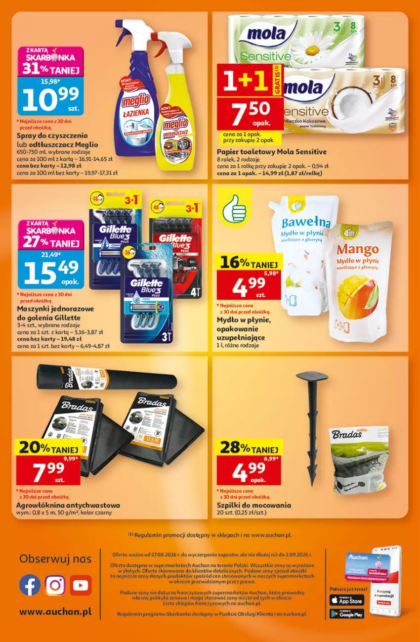 Gazetka promocyjna Auchan - Gazetka 30 Lat Supermarket Auchan - ważna 27.08 do 02.09.2026 - strona 8 - produkty: Gillette, Gra, Kokos, Korba, Mleczko, Mola, Mydło, Mydło w płynie, Odtłuszczacz, Papier, Papier toaletowy, Ser, Spray do czyszczenia, Tera