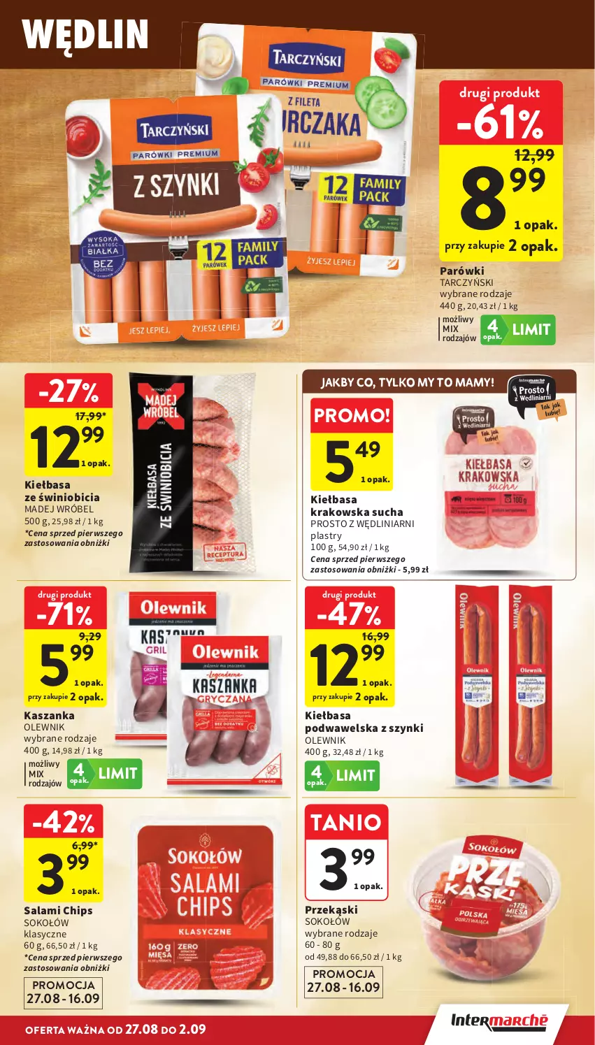 Gazetka promocyjna Intermarche - Gazetka Intermarche - ważna 27.08 do 02.09.2026 - strona 17 - produkty: BIC, Kasza, Kaszanka, Kiełbasa, Kiełbasa krakowska, Kiełbasa podwawelska, Madej Wróbel, Olewnik, Parówki, Salami, Sok, Sokołów, Tarczyński, Wawel