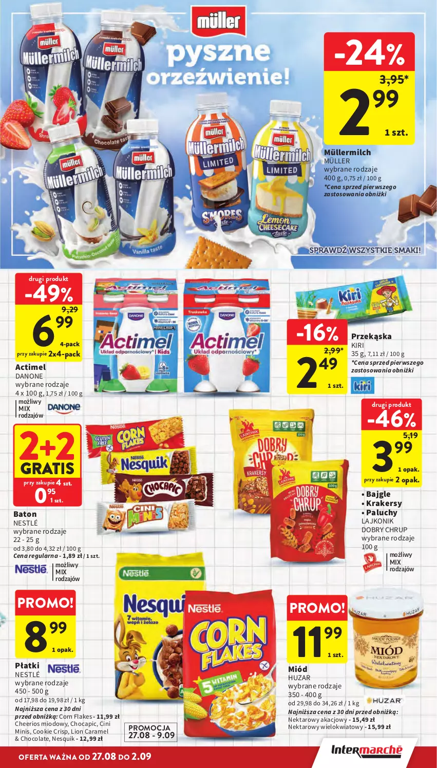 Gazetka promocyjna Intermarche - Gazetka Intermarche - ważna 27.08 do 02.09.2026 - strona 21 - produkty: Actimel, Bajgle, Baton, Cheerios, Cini Minis, Corn flakes, Danone, Gra, Krakersy, Lajkonik, Lion, Miód, Müller, Müllermilch, Nektar, Nesquik, Nestlé