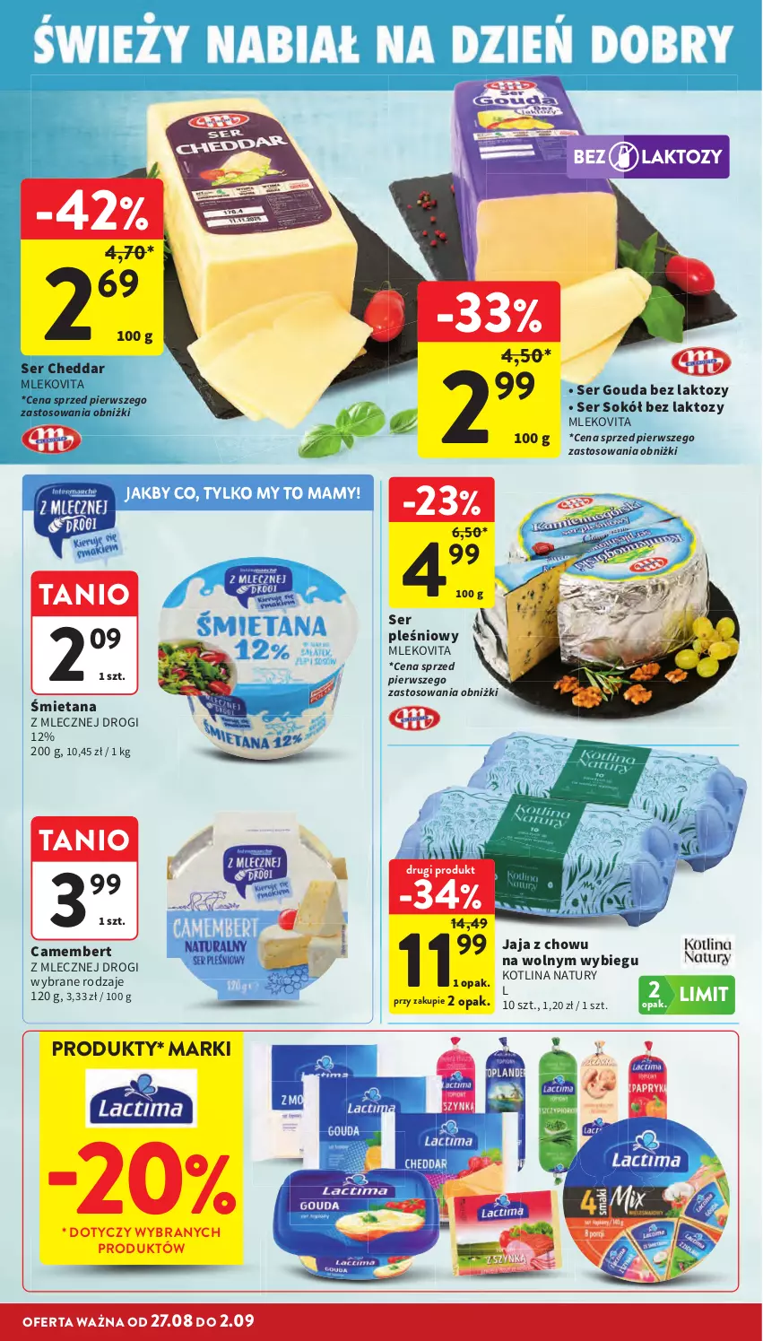 Gazetka promocyjna Intermarche - Gazetka Intermarche - ważna 27.08 do 02.09.2026 - strona 22 - produkty: Camembert, Cheddar, Gouda, Jaja, Kotlin, Mleko, Mlekovita, Ser, Ser pleśniowy, Sok, Sokół