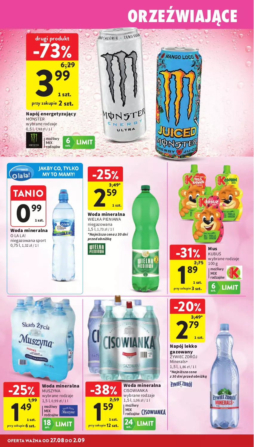 Gazetka promocyjna Intermarche - Gazetka Intermarche - ważna 27.08 do 02.09.2026 - strona 32 - produkty: Cisowianka, Kubuś, Mus, Napój, Por, Sport, Szyna, Woda, Woda mineralna