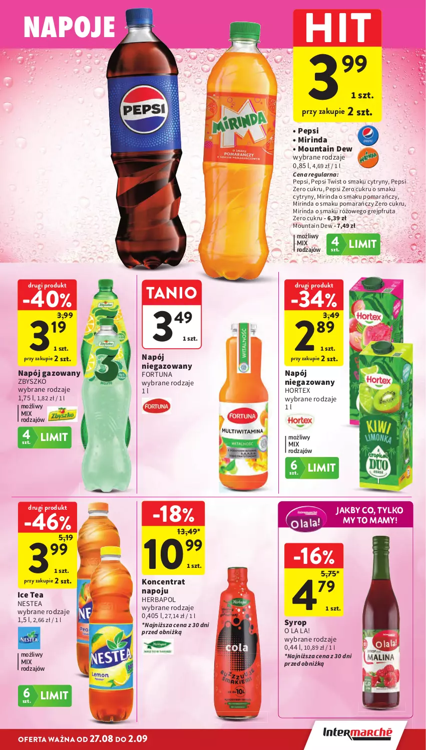 Gazetka promocyjna Intermarche - Gazetka Intermarche - ważna 27.08 do 02.09.2026 - strona 33 - produkty: Cytryny, Fortuna, Grejpfrut, Herbapol, Hortex, Ice tea, Mirinda, Napój, Napój gazowany, Napój niegazowany, Napoje, Nestea, Pepsi, Syrop
