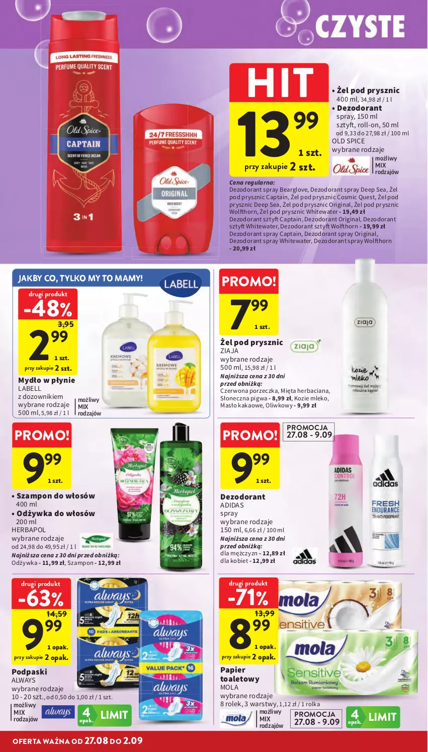 Gazetka promocyjna Intermarche - Gazetka Intermarche - ważna 27.08 do 02.09.2026 - strona 38 - produkty: Adidas, Always, Bell, Dezodorant, Dozownik, Gin, Herbapol, Kakao, Masło, Mięta, Mleko, Mola, Mydło, Mydło w płynie, Odżywka, Old Spice, Papier, Papier toaletowy, Podpaski, Por, Szampon, Ziaja