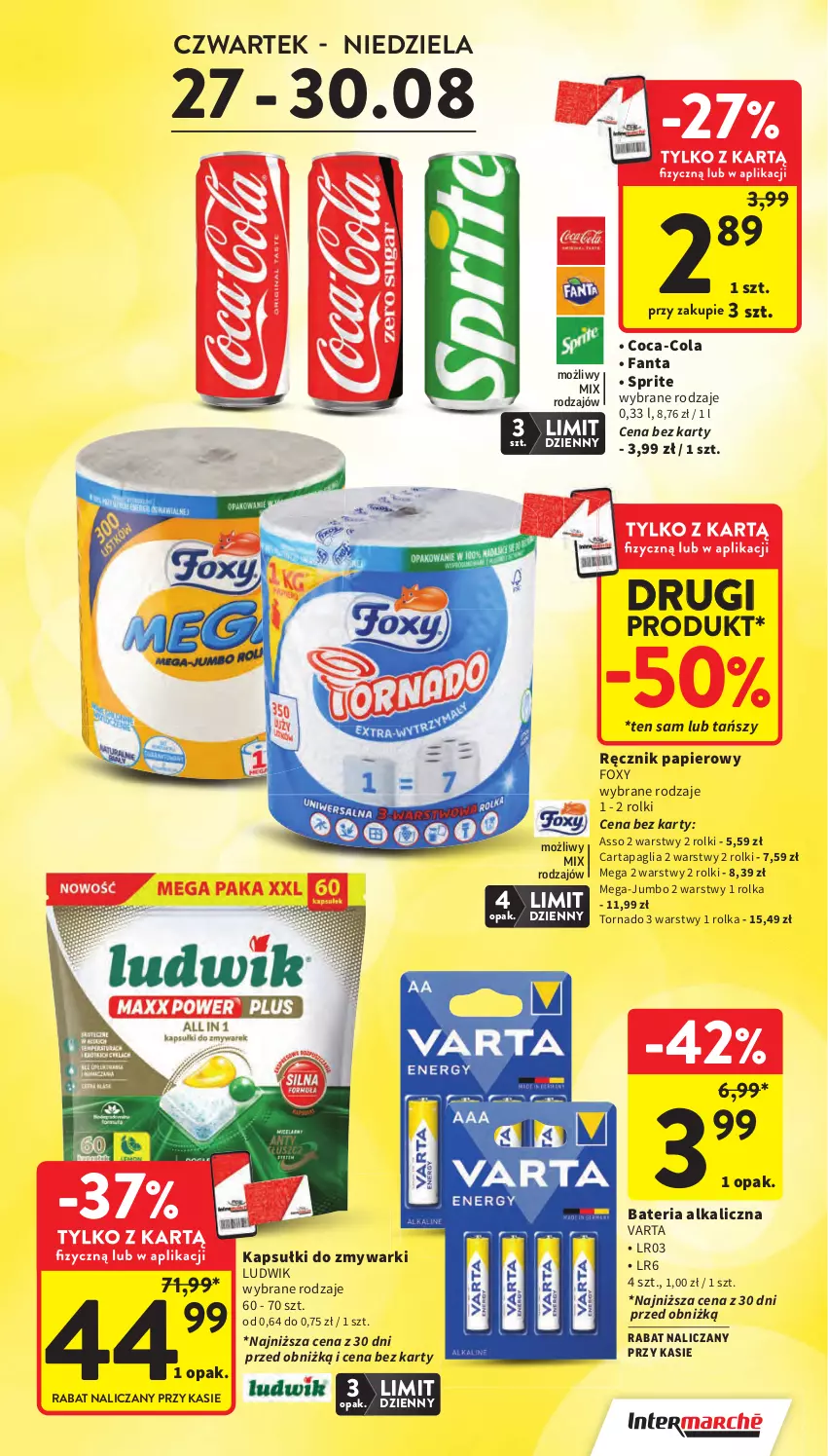 Gazetka promocyjna Intermarche - Gazetka Intermarche - ważna 27.08 do 02.09.2026 - strona 7 - produkty: Bateria, Coca-Cola, Fa, Fanta, Foxy, Ludwik, Papier, Ręcznik, Rolki, Sprite, Varta, Zmywarki