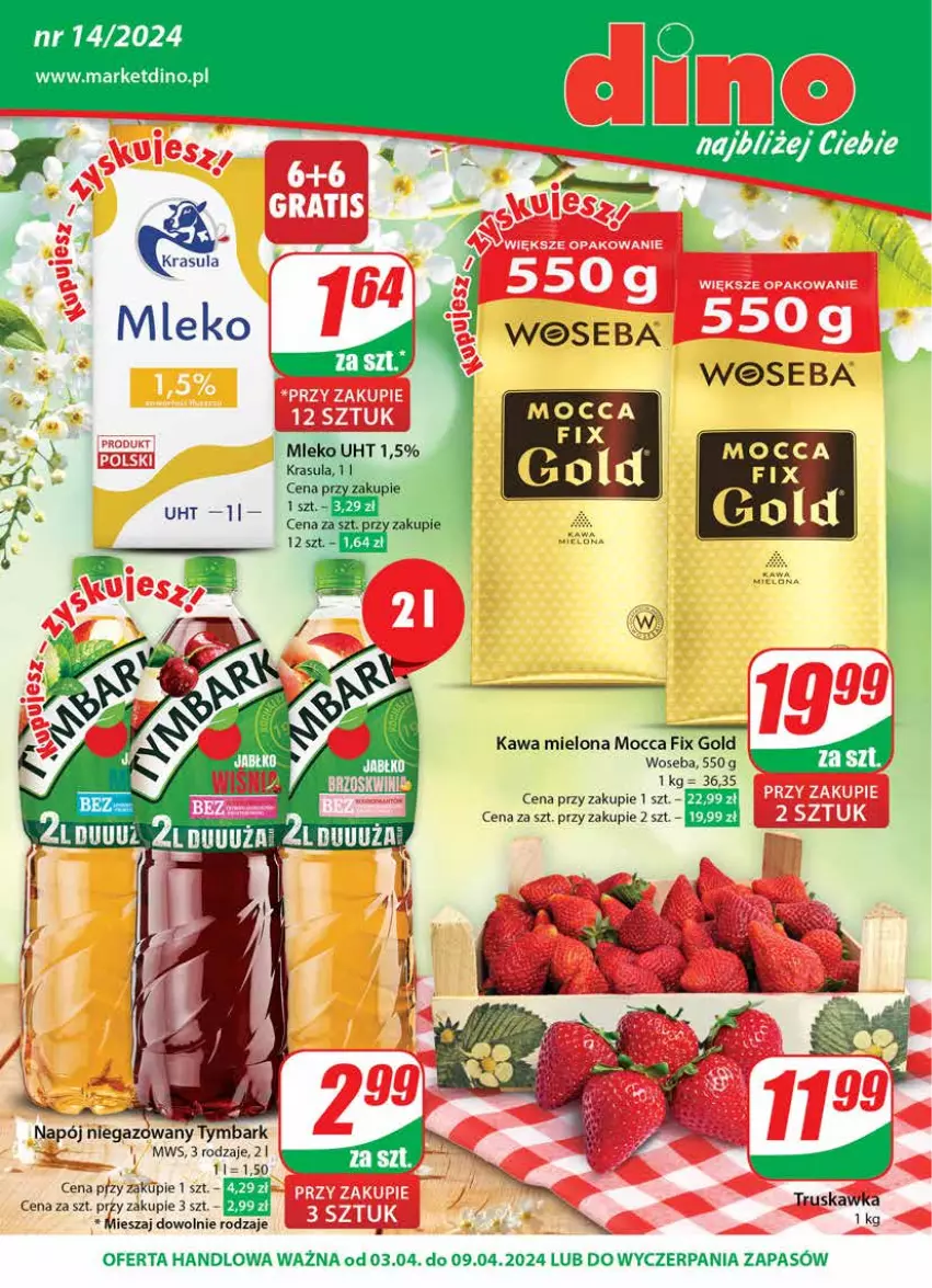 Gazetka promocyjna Dino - Gazetka 14 / 2024 - ważna 03.04 do 09.04.2024 - strona 1 - produkty: JBL, Kawa, Kawa mielona, Mleko, Mocca Fix Gold, Woseba