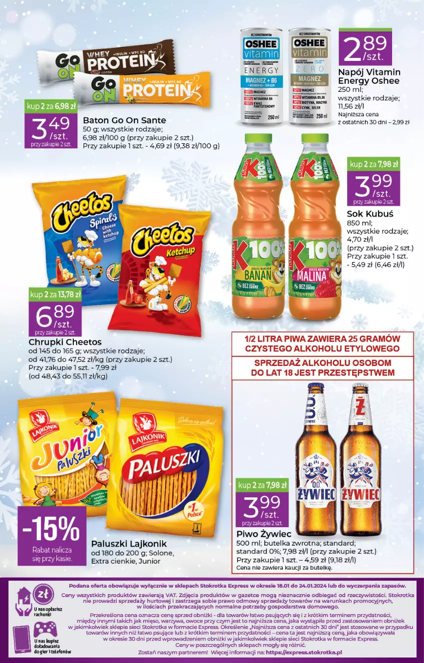 Gazetka promocyjna Stokrotka - Stokrotka Express - ważna 18.01 do 24.01.2024 - strona 3 - produkty: Baton, Cheetos, Kubuś, Lajkonik, Mięso, Odol, Oshee, Owoce, Piwo, Sante, Sok, Telefon, Warzywa