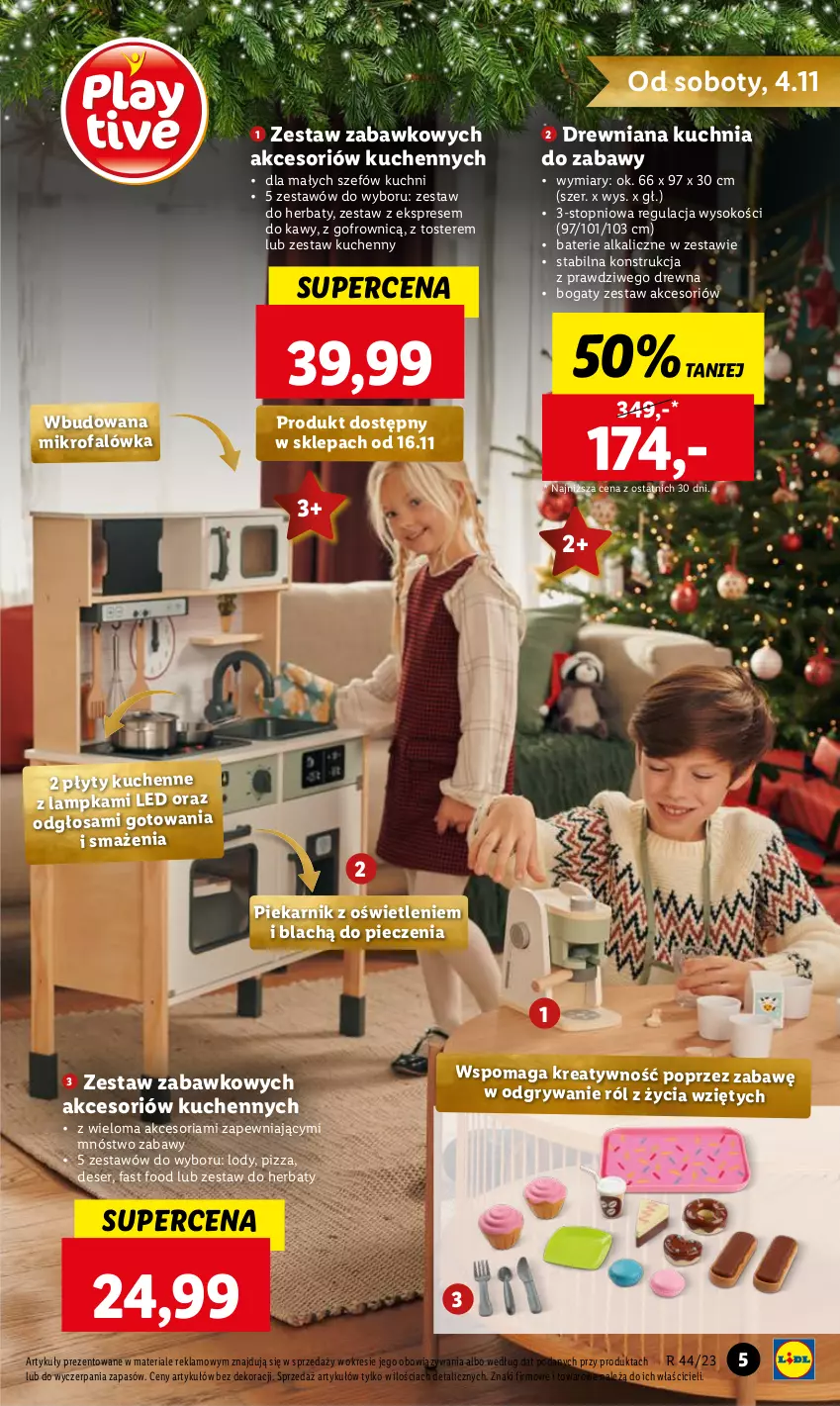 Gazetka promocyjna Lidl - KATALOG ZABAWKI - ważna 02.11 do 24.12.2023 - strona 5 - produkty: Baterie alkaliczne, Deser, Drewniana kuchnia, Fa, Gry, Kuchnia, Lody, Piec, Piekarnik, Pizza, Ser, Sok, Top, Toster