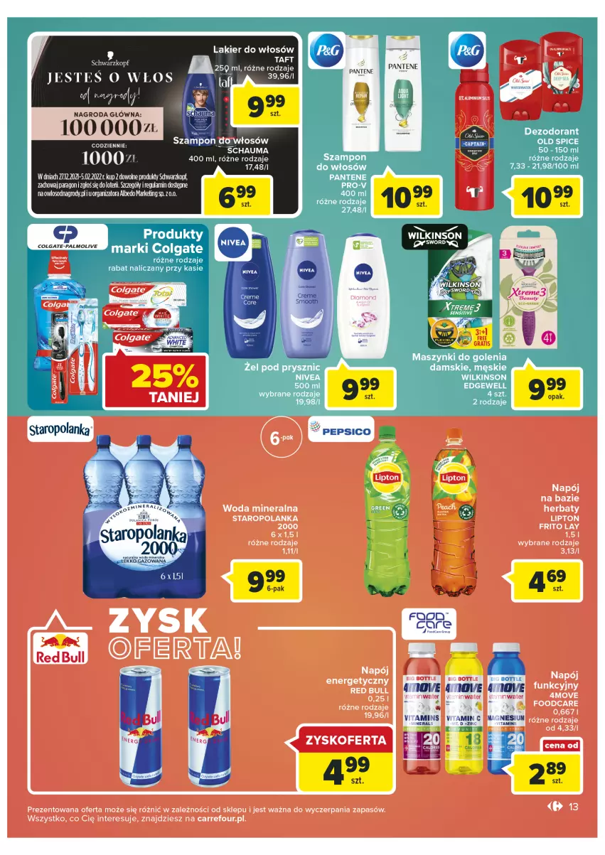 Gazetka promocyjna Carrefour - Gazetka Market - ważna 25.01 do 05.02.2022 - strona 13 - produkty: Colgate, Lakier, Lakier do włosów, LG, Nivea, Old Spice, Palmolive, Pantene, Pepsi, Schwarzkopf, Szampon, Woda, Woda mineralna