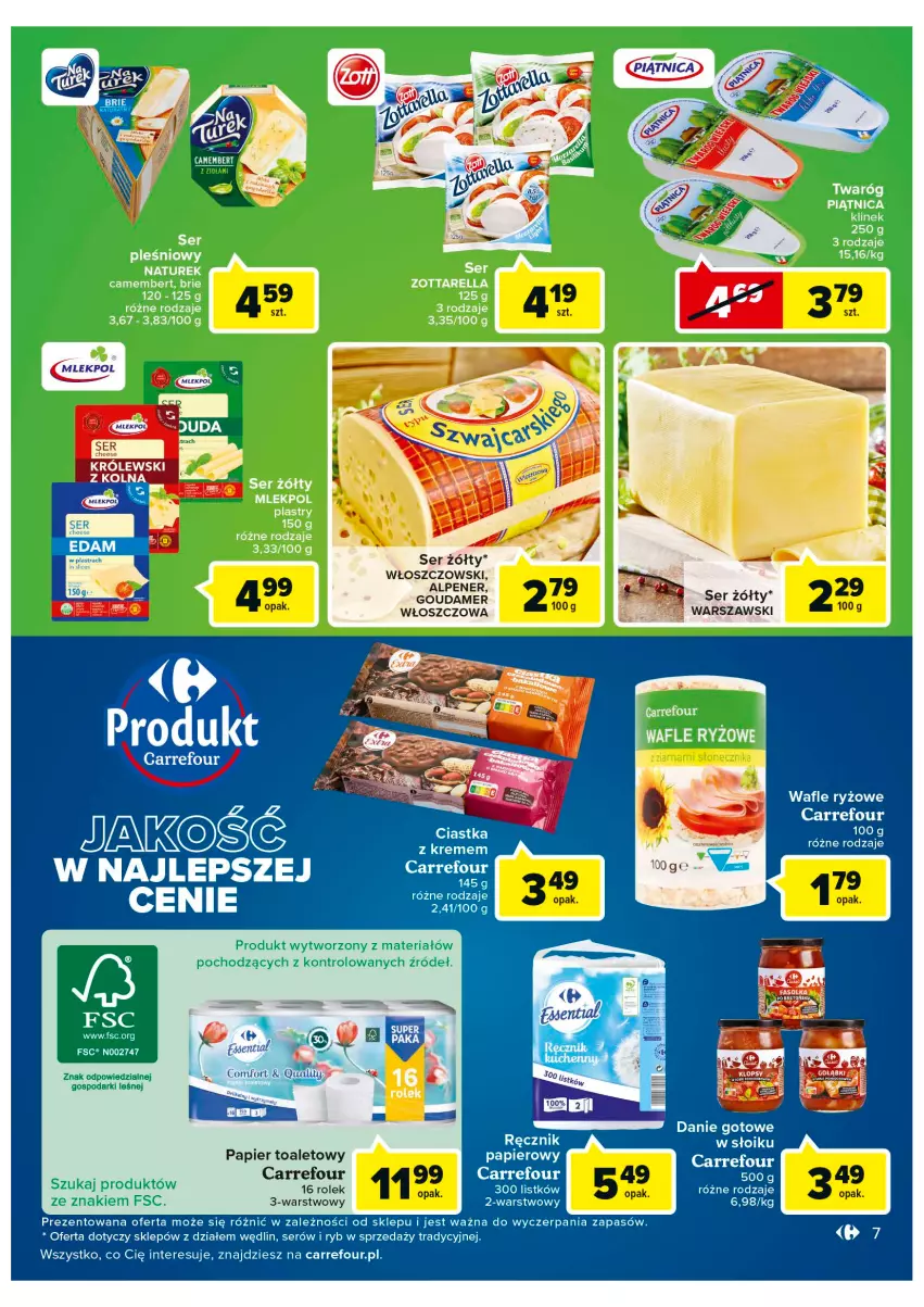 Gazetka promocyjna Carrefour - Gazetka Market - ważna 25.01 do 05.02.2022 - strona 7 - produkty: Camembert, Ciastka, Danie gotowe, Gouda, Królewski, Papier, Papier toaletowy, Ręcznik, Ryż, Ser, Wafle, Włoszczowski