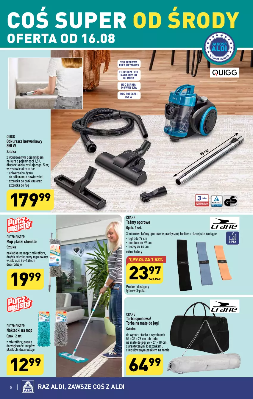 Gazetka promocyjna Aldi - Artykuły przemysłowe i tekstylia - ważna 16.08 do 19.08.2023 - strona 8 - produkty: Mop, Odkurzacz, Pojemnik, Por, Putzmeister, Rura, Sport, Szczotka, Teleskop, Torba