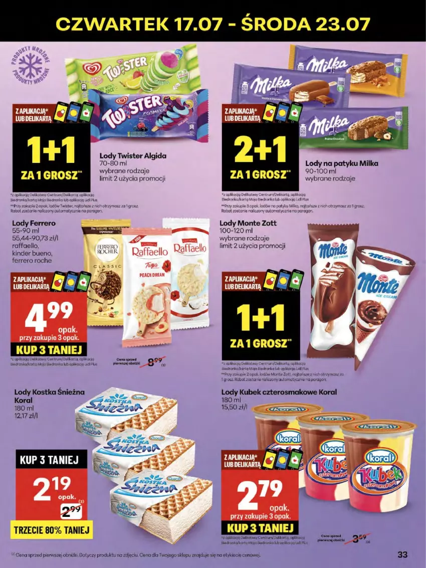Gazetka promocyjna Delikatesy Centrum - Franczyza DC29 Czwartek - ważna 17.07 do 23.07.2025 - strona 33 - produkty: Algida, Dron, Fa, Ferrero, Kinder, Kinder Bueno, Koc, Kubek, LG, Lody, Milka, Monte, Mus, Por, Raffaello, Rum, Zott