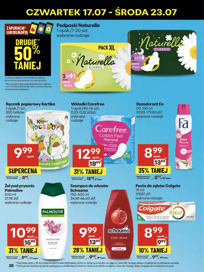 Gazetka promocyjna Delikatesy Centrum - Franczyza DC29 Czwartek - ważna 17.07 do 23.07.2025 - strona 38 - produkty: Carefree, Colgate, Dezodorant, Fa, LG, Naturell, Naturella, Palmolive, Papier, Pasek, Pasta do zębów, Podpaski, Ręcznik, Rum, Schauma, Szampon, Wkładki