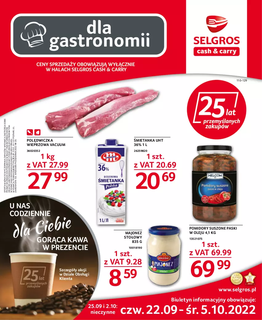 Gazetka promocyjna Selgros - Oferta gastronomiczna - ważna 22.09 do 05.10.2022 - strona 1 - produkty: Fa, Kawa, LG, Majonez, Olej, Polędwiczka wieprzowa, Pomidory, Tran