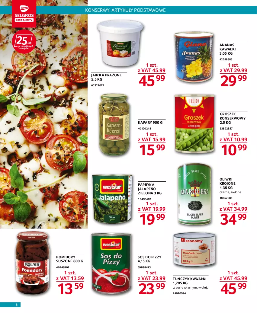 Gazetka promocyjna Selgros - Oferta gastronomiczna - ważna 22.09 do 05.10.2022 - strona 8 - produkty: Ananas, Groszek, Jabłka, Jabłka prażone, Kapary, Kawa, Olej, Oliwki, Papryka, Papryka jalapeño, Pomidory, Ser, Sos, Sos do pizzy, Tuńczyk