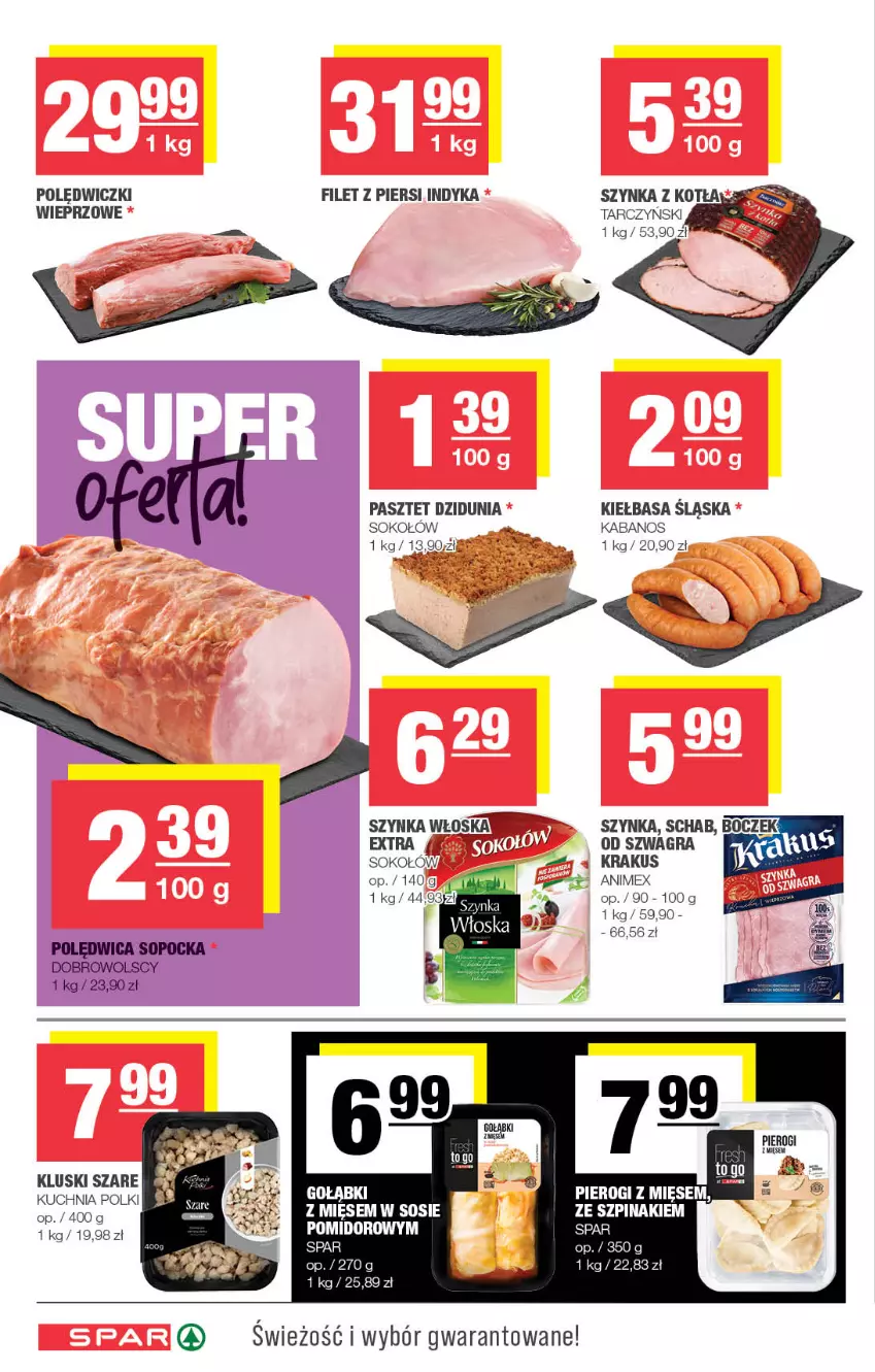 Gazetka promocyjna Spar - Spar - ważna 09.03 do 19.03.2025 - strona 4 - produkty: Boczek, Filet z piersi indyka, Gra, Kabanos, Kiełbasa, Kiełbasa śląska, Krakus, Kuchnia, Pasztet, Sok, Sokołów, Sos, Szpinak, Szynka