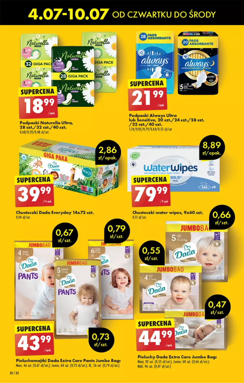 Gazetka promocyjna Biedronka - Od czwartku - ważna 04.07 do 10.07.2024 - strona 36 - produkty: Always, Always Ultra, Chusteczki, Dada, Majtki, Naturell, Naturella, O Bag, Pieluchomajtki, Pieluchy, Podpaski