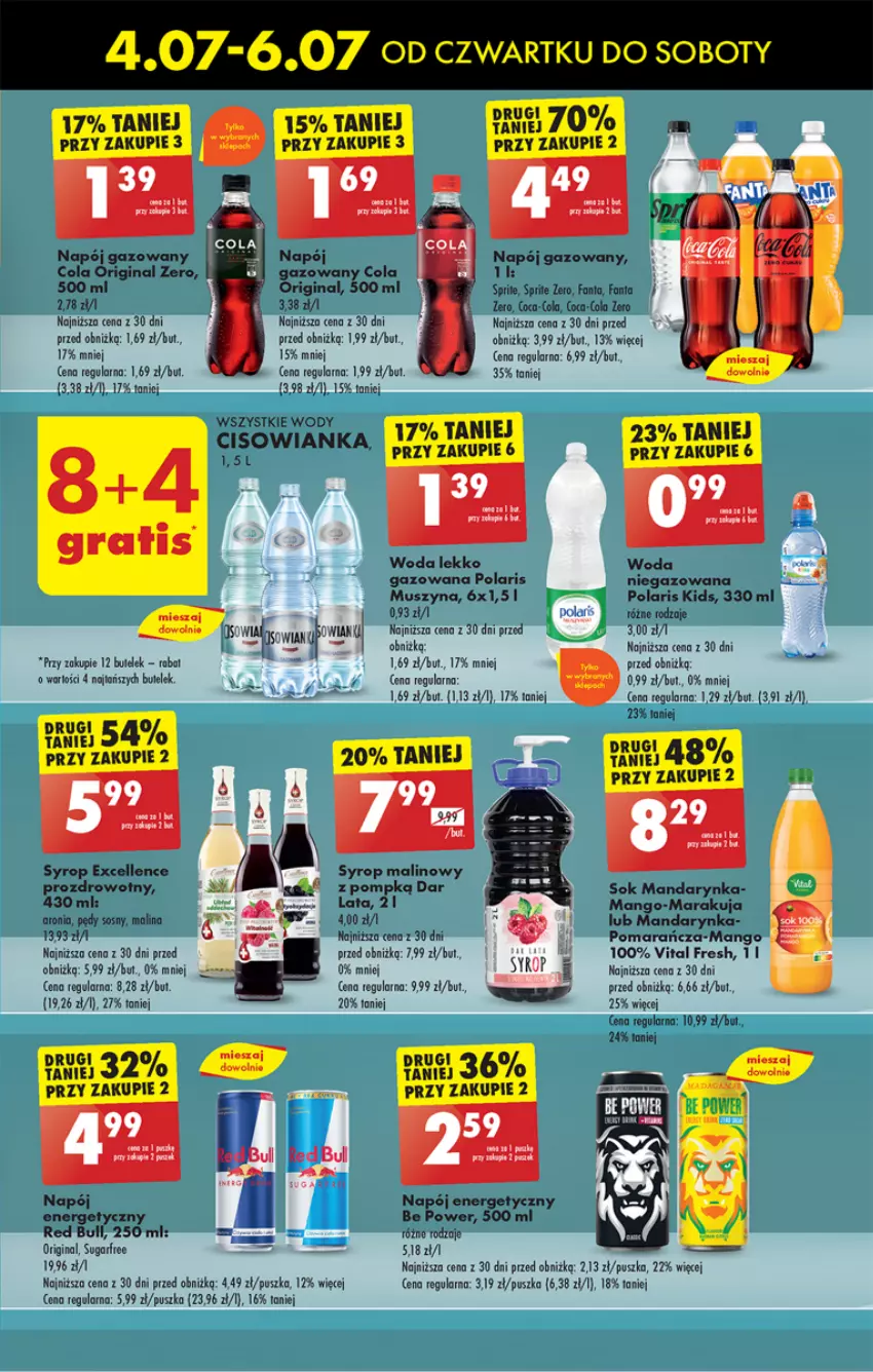 Gazetka promocyjna Biedronka - Od czwartku - ważna 04.07 do 10.07.2024 - strona 45 - produkty: Aronia, Cisowianka, Coca-Cola, Fa, Fanta, Gin, Mango, Mus, Napój, Napój energetyczny, Napój gazowany, Red Bull, Sok, Sos, Sprite, Syrop, Szyna, Woda