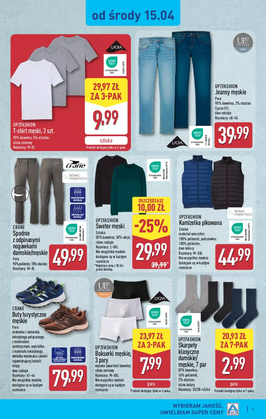 Gazetka promocyjna Aldi - Artykuły przemysłowe i tekstylia - ważna 15.04 do 18.04.2026 - strona 3 - produkty: Bokserki, Buty, Fa, Kamizelka, Karp, Ser, Sok, Spodnie, Sweter, T-shirt, Top, Wełna