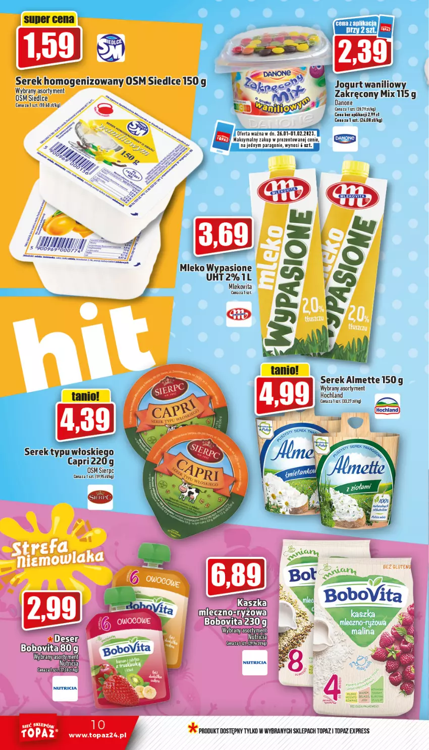 Gazetka promocyjna Topaz - Gazetka - ważna 26.01 do 01.02.2023 - strona 10 - produkty: Almette, BoboVita, Fa, Hochland, Jogurt, Mleko, Mlekovita, Noż, Ryż, Ser, Serek, Serek homogenizowany, Top, Vita C