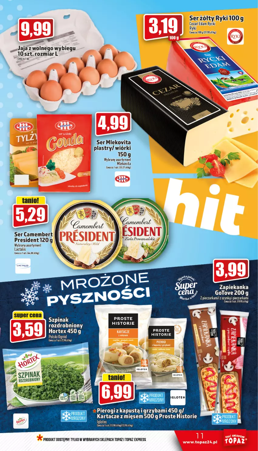 Gazetka promocyjna Topaz - Gazetka - ważna 26.01 do 01.02.2023 - strona 11 - produkty: Edam, Fa, Hortex, Jaja, Jaja z wolnego wybiegu, Kapustą, Mleko, Mlekovita, Ser, Szpinak, Top, Zapiekanka