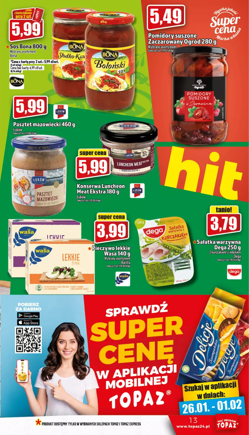 Gazetka promocyjna Topaz - Gazetka - ważna 26.01 do 01.02.2023 - strona 13 - produkty: Barilla, Dega, Ogród, Pasztet, Pomidory, Sałat, Sałatka, Sałatka warzywna, Sos, Top, Tusz