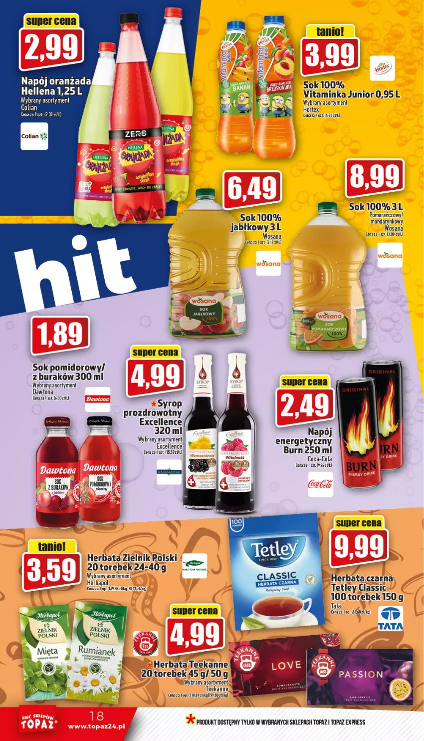 Gazetka promocyjna Topaz - Gazetka - ważna 26.01 do 01.02.2023 - strona 18 - produkty: Coca-Cola, Hellena, Herbapol, Herbata, Hortex, Inka, K2, Napój, Napój energetyczny, Oranżada, Sok, Sok pomidorowy, Syrop, Teekanne, Tetley, Top, Wosana