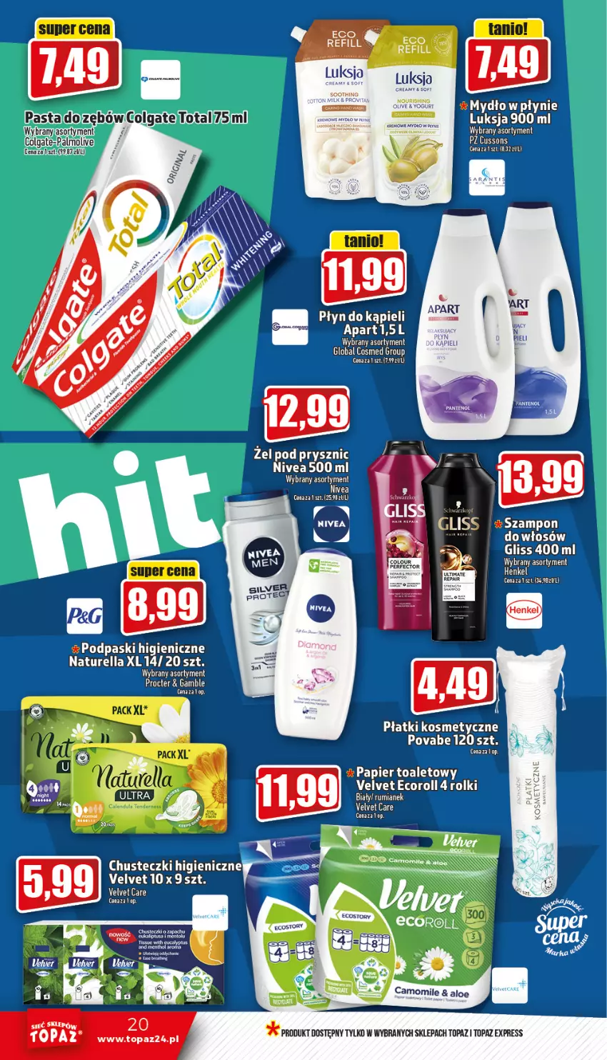 Gazetka promocyjna Topaz - Gazetka - ważna 26.01 do 01.02.2023 - strona 20 - produkty: Chusteczki, Luksja, Naturell, Naturella, Nivea, Papier, Papier toaletowy, Płatki kosmetyczne, Płyn do kąpieli, Podpaski, Rolki, Rum, Szampon, Top, Velvet