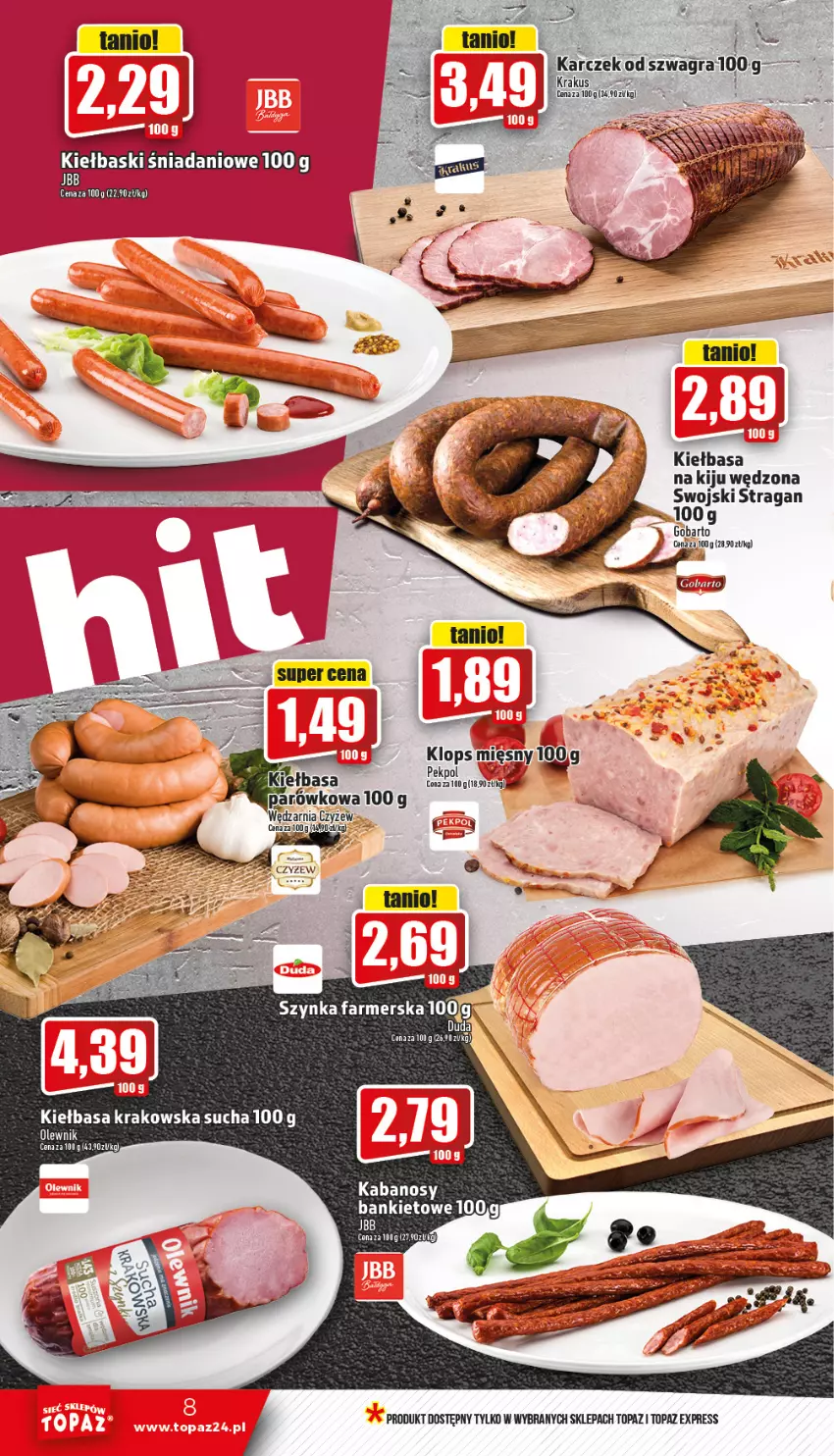 Gazetka promocyjna Topaz - Gazetka - ważna 26.01 do 01.02.2023 - strona 8 - produkty: Danio, Gra, Kabanos, Kiełbasa, Kiełbasa krakowska, Pekpol, Top