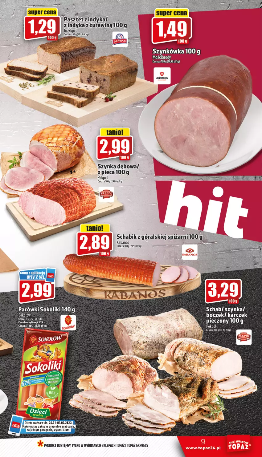 Gazetka promocyjna Topaz - Gazetka - ważna 26.01 do 01.02.2023 - strona 9 - produkty: Boczek, Pasztet, Pekpol, Piec, Szynka, Top