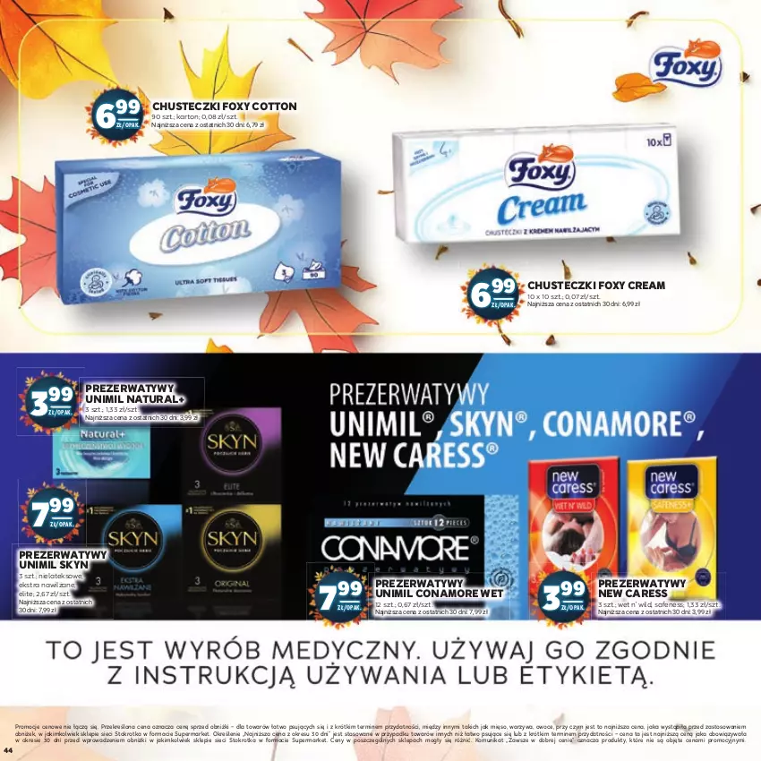 Gazetka promocyjna Stokrotka - Jesienne Inspiracje - ważna 17.10.2023 do 29.10.2024 - strona 44 - produkty: Chusteczki, Foxy, Mięso, Owoce, Prezerwatyw, Skyn, Unimil, Warzywa