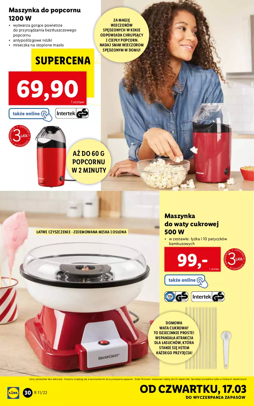 Gazetka promocyjna Lidl - GAZETKA - ważna 14.03 do 19.03.2022 - strona 30 - produkty: Dzieci, Masło, Maszynka, Miseczka, Miska, Nuty, Popcorn, Szynka, Top, Wata cukrowa