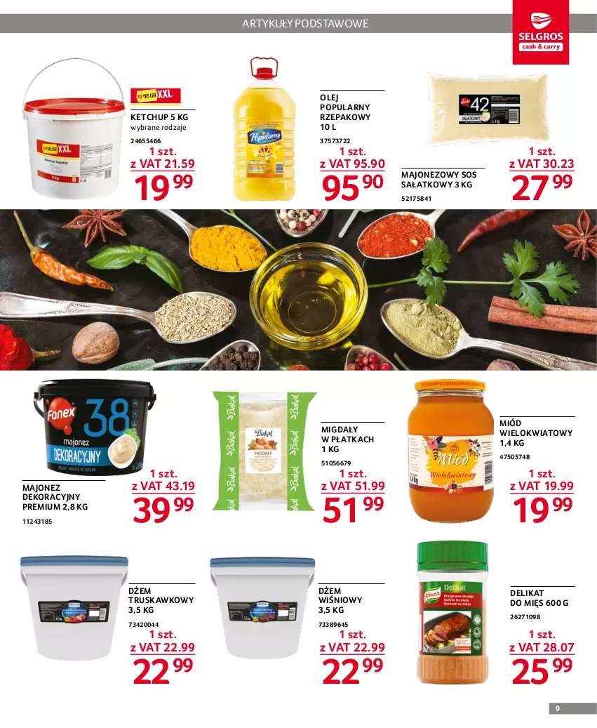 Gazetka promocyjna Selgros - Oferta gastronomiczna - ważna 27.12.2022 do 04.01.2023 - strona 9 - produkty: Dżem, Ketchup, Majonez, Migdały, Miód, Olej, Sałat, Sos