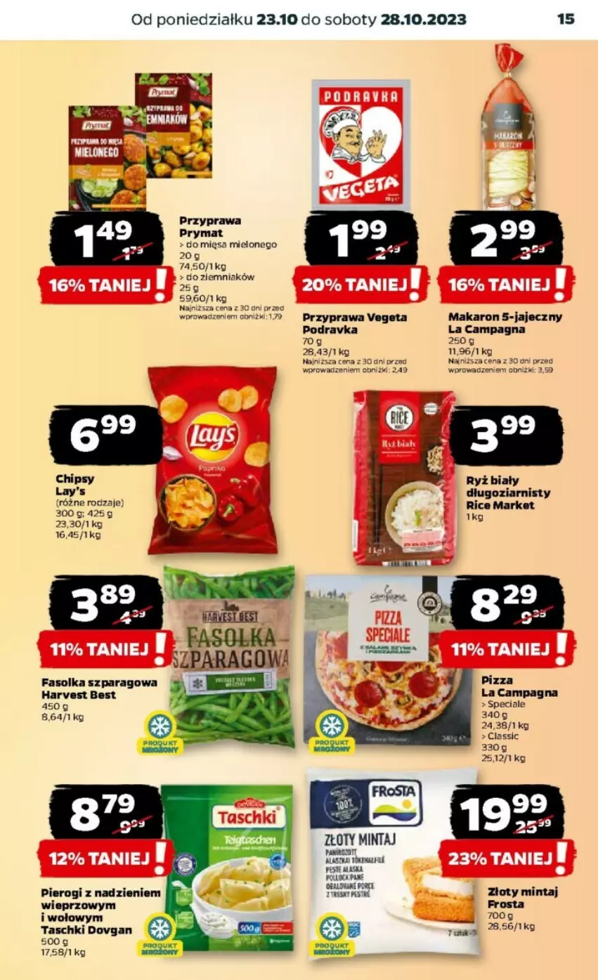 Gazetka promocyjna Netto - ważna 23.10 do 29.10.2023 - strona 7 - produkty: Chipsy, Fa, Frosta, Makaron, Mintaj, Pierogi, Pizza, Podravka, Prymat, Ryż, Ryż biały, Vegeta