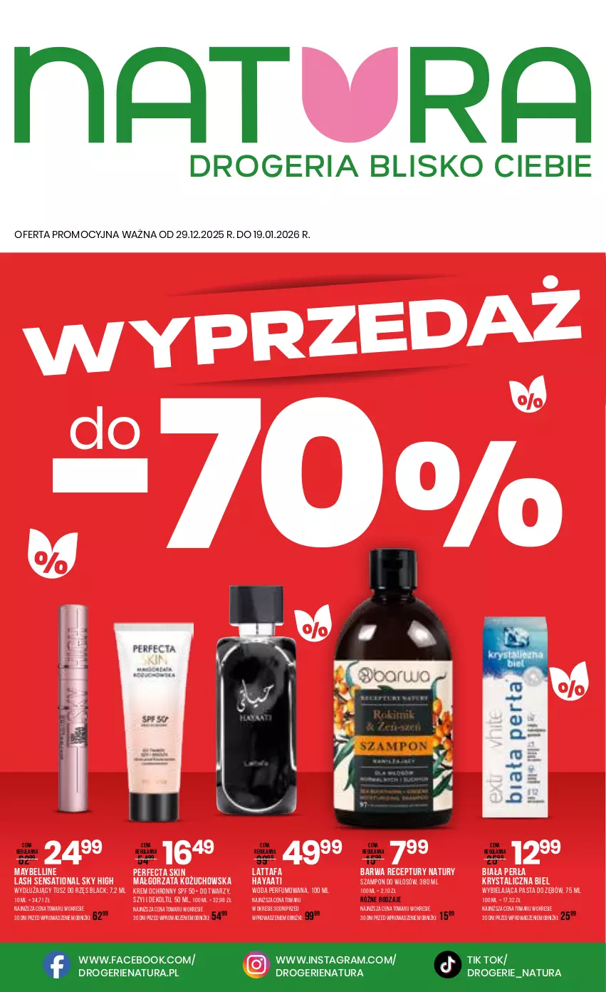 Gazetka promocyjna Drogerie Natura - Gazetka Drogerie Natura - ważna 29.12.2025 do 19.01.2026 - strona 1 - produkty: Bell, Fa, Gra, Lack, Maybelline, Pasta do zębów, Perfecta, Perfum, Perła, Sati, Szampon, Tusz, Woda, Woda perfumowana
