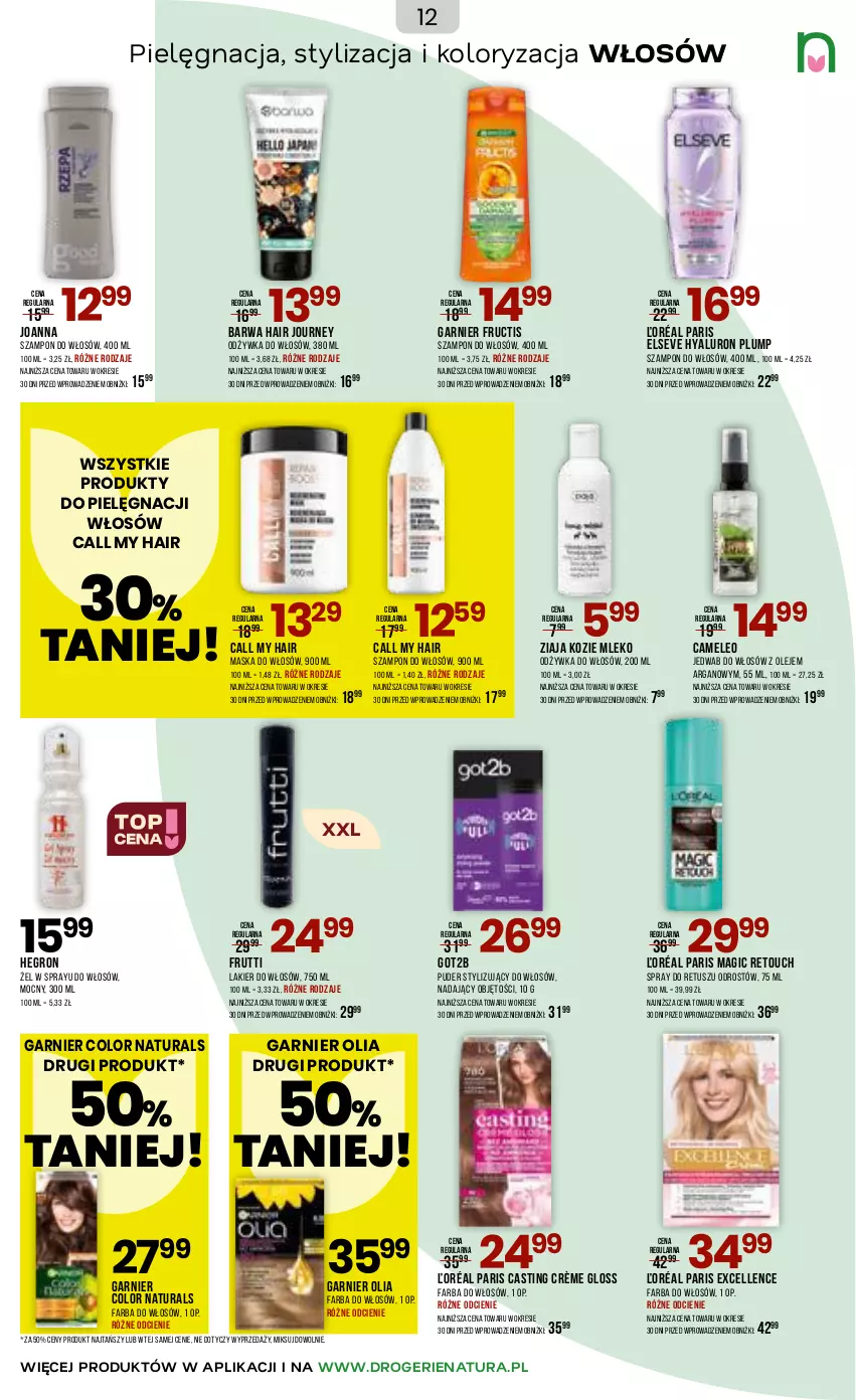 Gazetka promocyjna Drogerie Natura - Gazetka Drogerie Natura - ważna 29.12.2025 do 19.01.2026 - strona 12 - produkty: Eleo, Elseve, Fa, Farba do włosów, Fructis, Garnier, Got2b, Hegron, Joanna, Lakier, Lakier do włosów, Maska, Maska do włosów, Mleko, Odżywka, Olej, Puder, Szampon, Tusz, Ziaja
