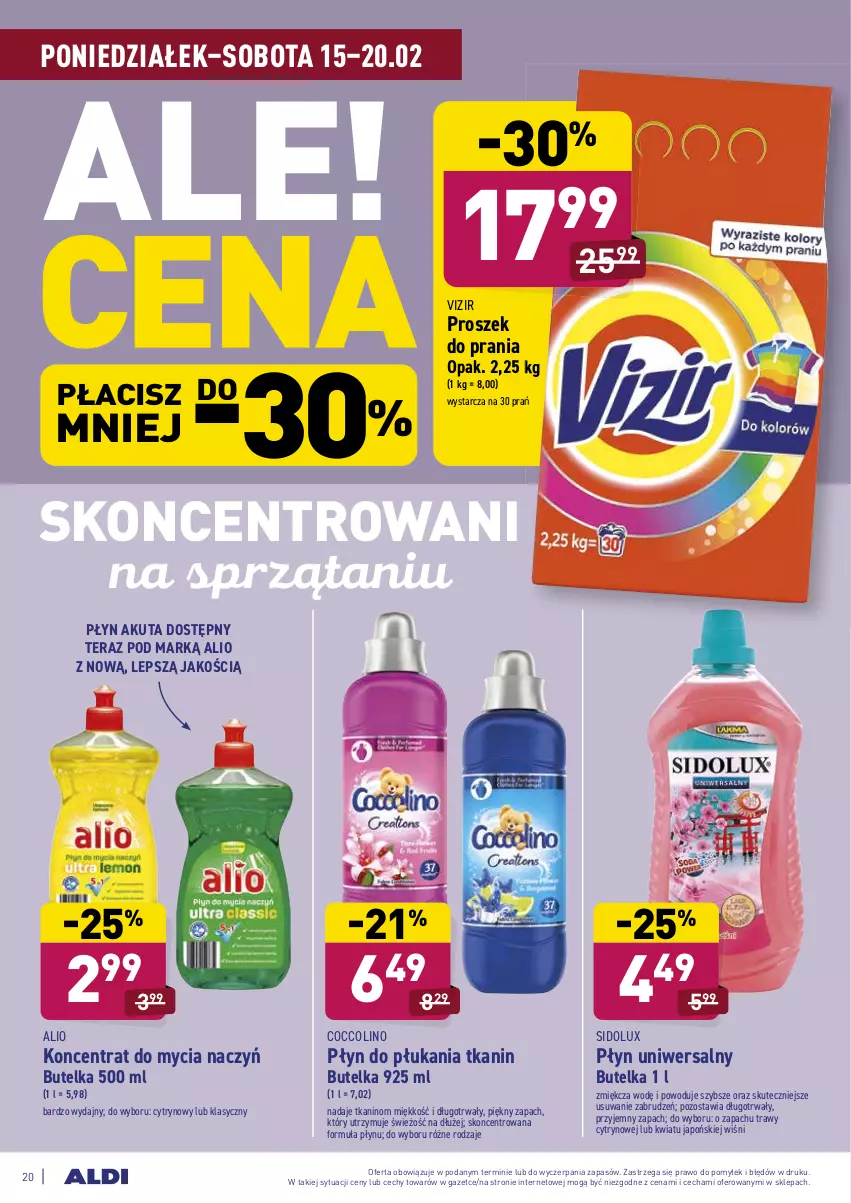 Gazetka promocyjna Aldi - ALE! CENA w ALDI - ważna 15.02 do 20.02.2021 - strona 20 - produkty: Coccolino, Do mycia naczyń, Koncentrat do mycia naczyń, Płyn do płukania, Proszek do prania, Sidolux, Tera, Vizir