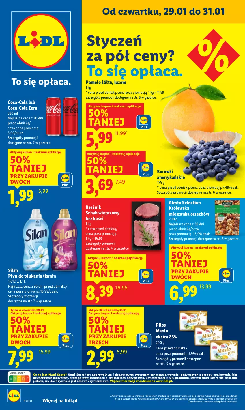 Gazetka promocyjna Lidl - GAZETKA - ważna 29.01 do 31.01.2026 - strona 1 - produkty: Coca-Cola, Masło, Pilos, Płyn do płukania, Pomelo, Schab wieprzowy, Silan