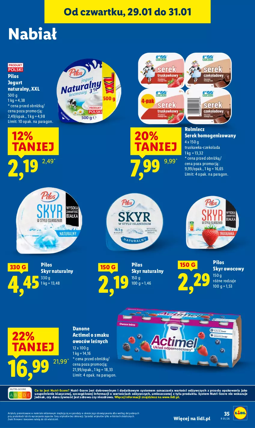 Gazetka promocyjna Lidl - GAZETKA - ważna 29.01 do 31.01.2026 - strona 35 - produkty: Actimel, Czekolada, Danone, Jogurt, Jogurt naturalny, Pilos, Rolmlecz, Ser, Serek, Serek homogenizowany