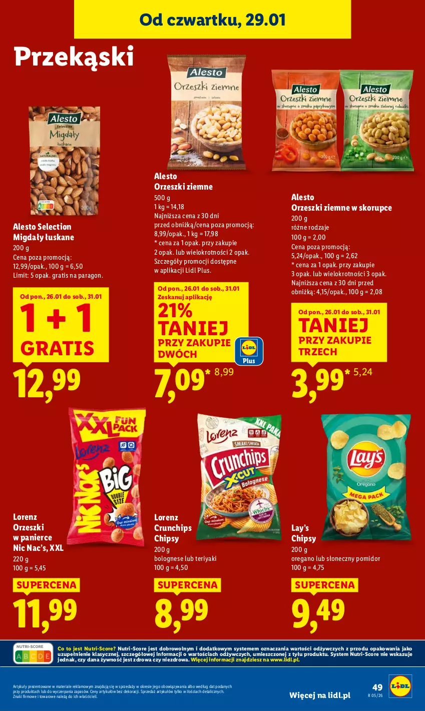 Gazetka promocyjna Lidl - GAZETKA - ważna 29.01 do 31.01.2026 - strona 49 - produkty: Chipsy, Crunchips, Gra, Lay’s, Lorenz, Migdały, Migdały łuskane, Orzeszki, Orzeszki ziemne
