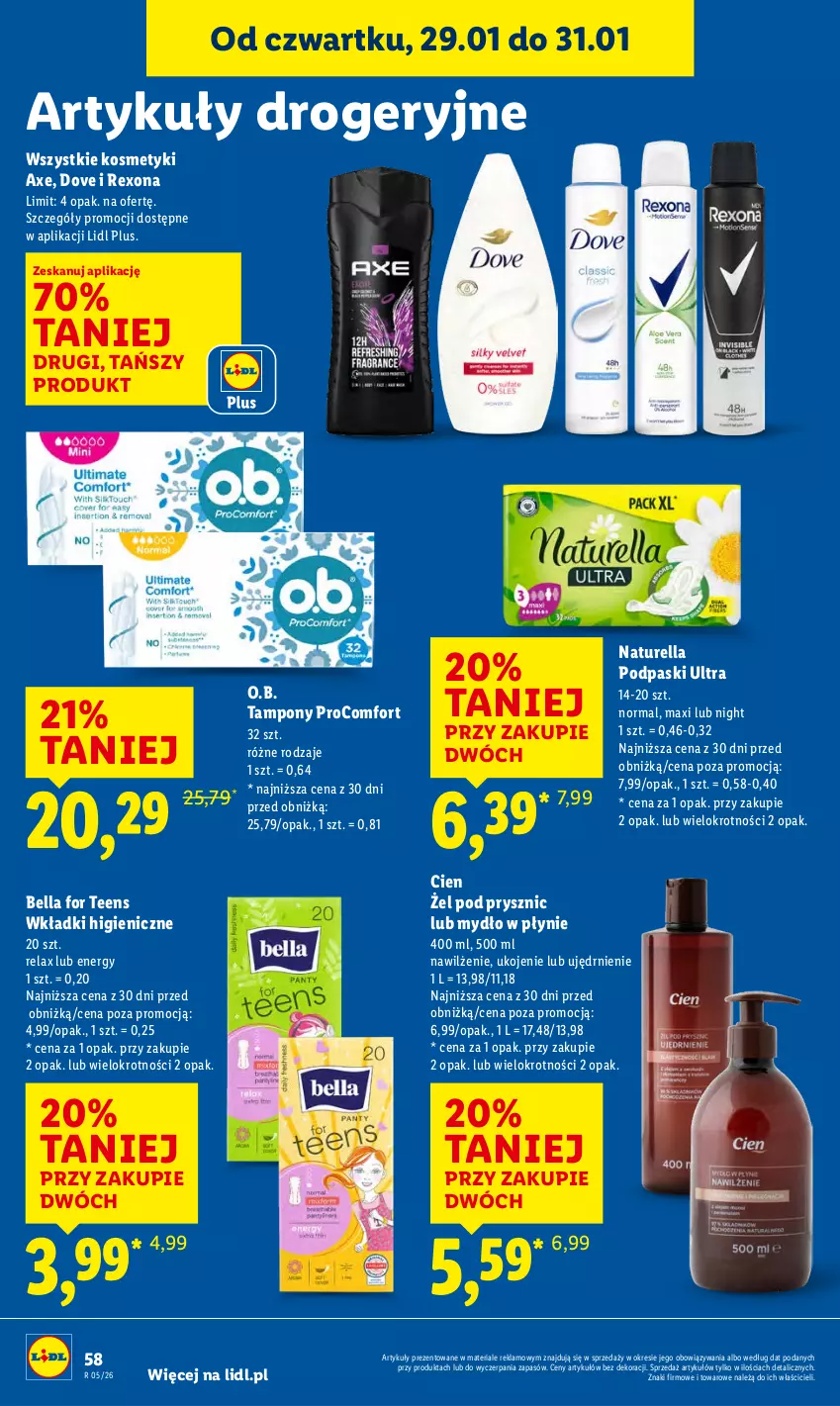 Gazetka promocyjna Lidl - GAZETKA - ważna 29.01 do 31.01.2026 - strona 58 - produkty: Bell, Bella, Dove, Mydło, Mydło w płynie, Naturell, Naturella, O.B., Podpaski, Rexona, Tampony, Wkładki
