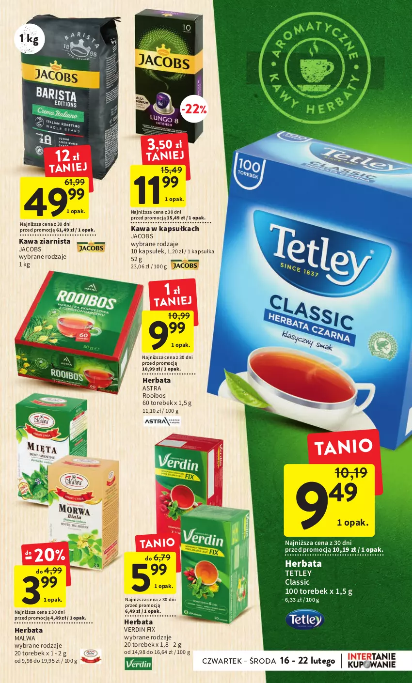 Gazetka promocyjna Intermarche - Gazetka Intermarche - ważna 16.02 do 22.02.2023 - strona 31 - produkty: Herbata, Jacobs, Kawa, Kawa ziarnista, Tetley