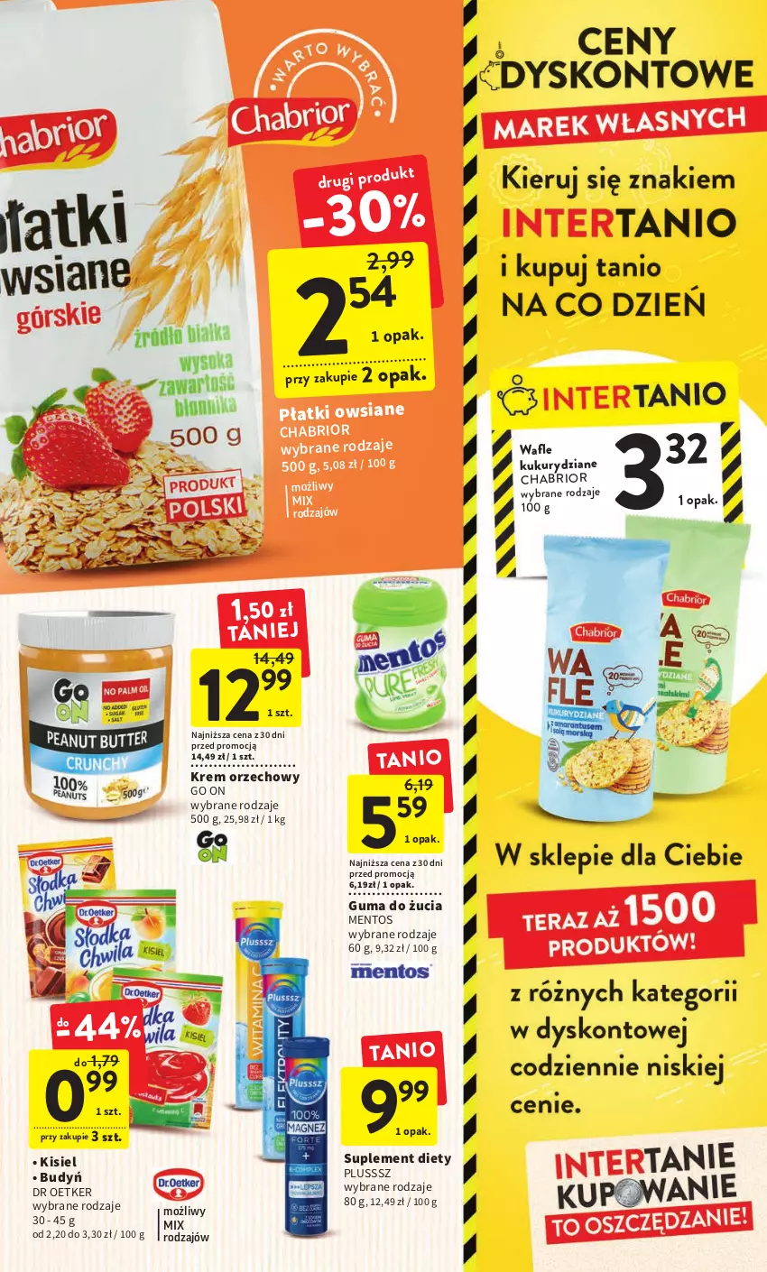 Gazetka promocyjna Intermarche - Gazetka Intermarche - ważna 16.02 do 22.02.2023 - strona 33 - produkty: Budyń, Chabrior, Guma do żucia, Kisiel, Krem orzechowy, Mentos, Płatki owsiane, Suplement diety, Wafle