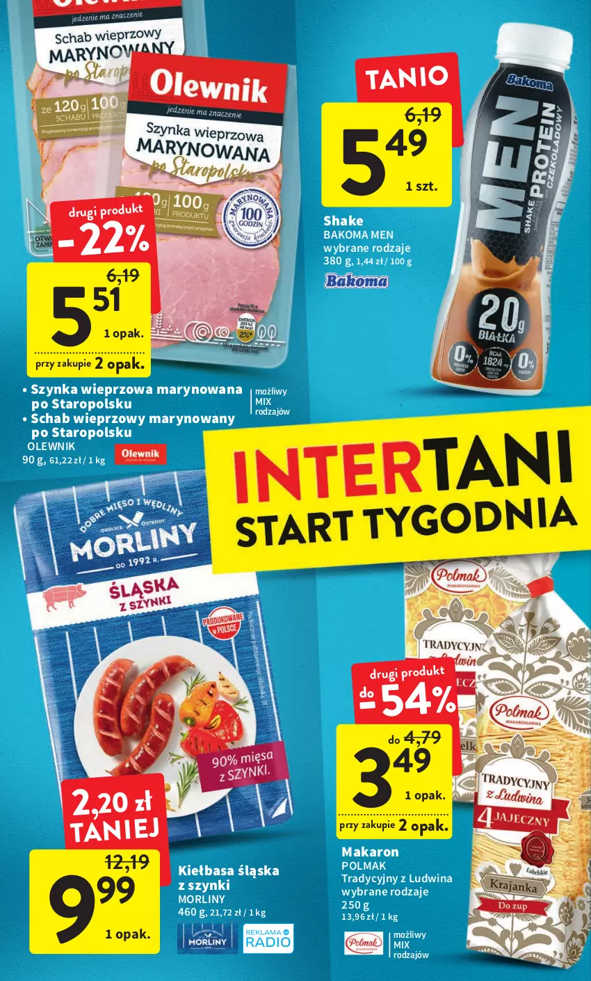 Gazetka promocyjna Intermarche - Gazetka Intermarche - ważna 16.02 do 22.02.2023 - strona 38 - produkty: Bakoma, Kiełbasa, Kiełbasa śląska, Makaron, Morliny, Olewnik, Olma, Schab wieprzowy, Szynka, Szynka wieprzowa