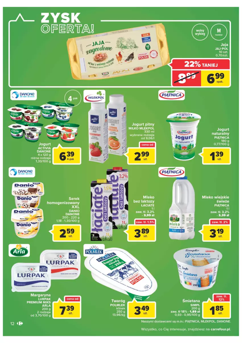 Gazetka promocyjna Carrefour - Gazetka Carrefour - ważna 14.06 do 26.06.2022 - strona 12 - produkty: Activia, Danio, Danone, Jaja, Jogurt, Jogurt pitny, LG, Lurpak, Margaryna, Mleko, Piątnica, POLMLEK, Ser, Serek, Serek homogenizowany, Twaróg