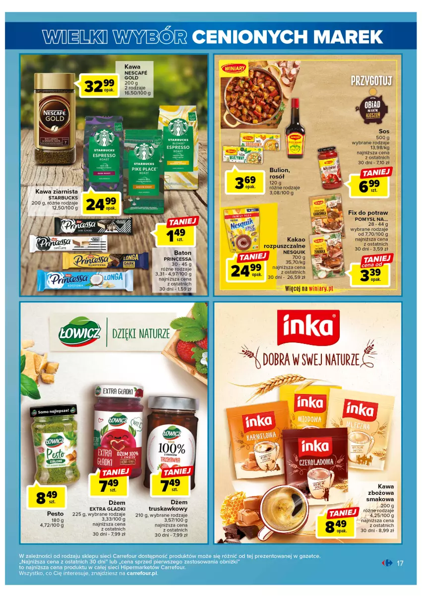 Gazetka promocyjna Carrefour - Gazetka Wielki wybór cenionych marek - ważna 11.04 do 22.04.2023 - strona 17 - produkty: Baton, Bulion, Kakao, Kawa, Kawa zbożowa, Lion, Nesquik, Pesto, Princessa, Rosół, Sos