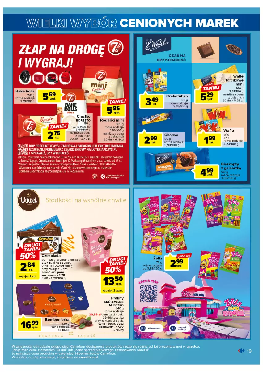 Gazetka promocyjna Carrefour - Gazetka Wielki wybór cenionych marek - ważna 11.04 do 22.04.2023 - strona 19 - produkty: Bake Rolls, Biszkopty, Chałwa, Fa, Gala, Gra, Koc, Kosz, Królewski, Królewskie Mleczko, Mleczko, Plecak, Praliny, Rogal, Wafle